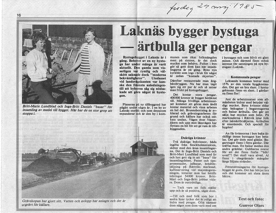 Artikel i Dala-Demokraten angående utbyggnaden av Laknäs bystuga 1985.